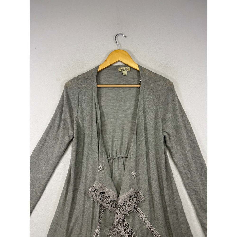 Boho One World Womens Med Gray Lace Trim Open Front Waterfall Cardigan Sweater - Picture 10 of 12